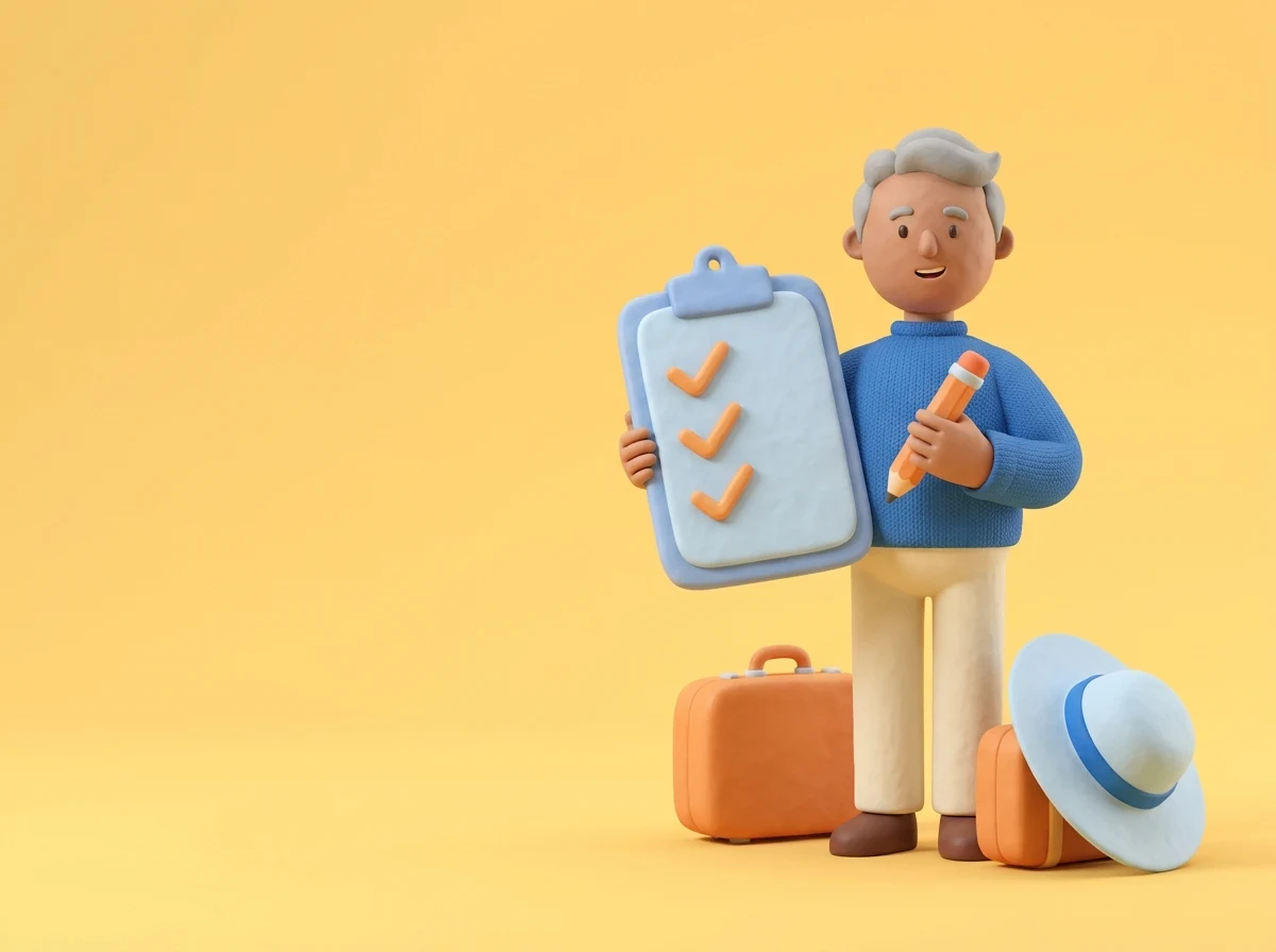 Are you ready to retire? quiz: a smiling man with a ticked checklist, a suitcase and a sun hat