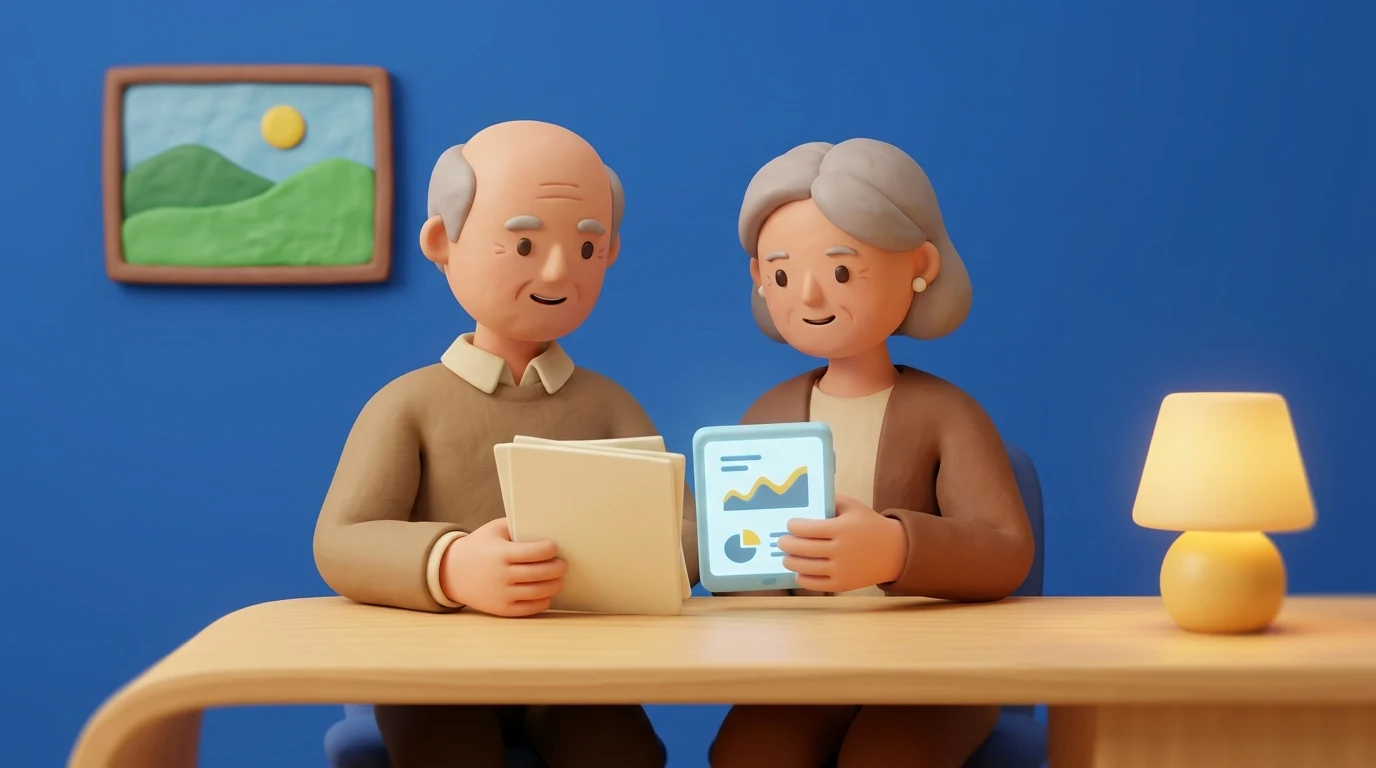 Couple in their sixties reviewing their pension paperwork together at a desk