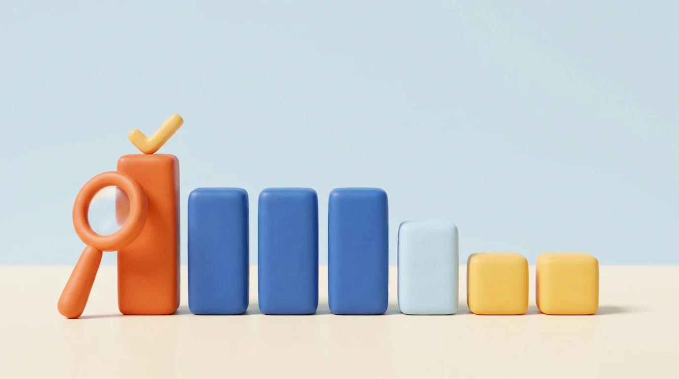 How we score pensions: seven clay blocks of different heights, like the seven weighted scoring categories, with a magnifying glass