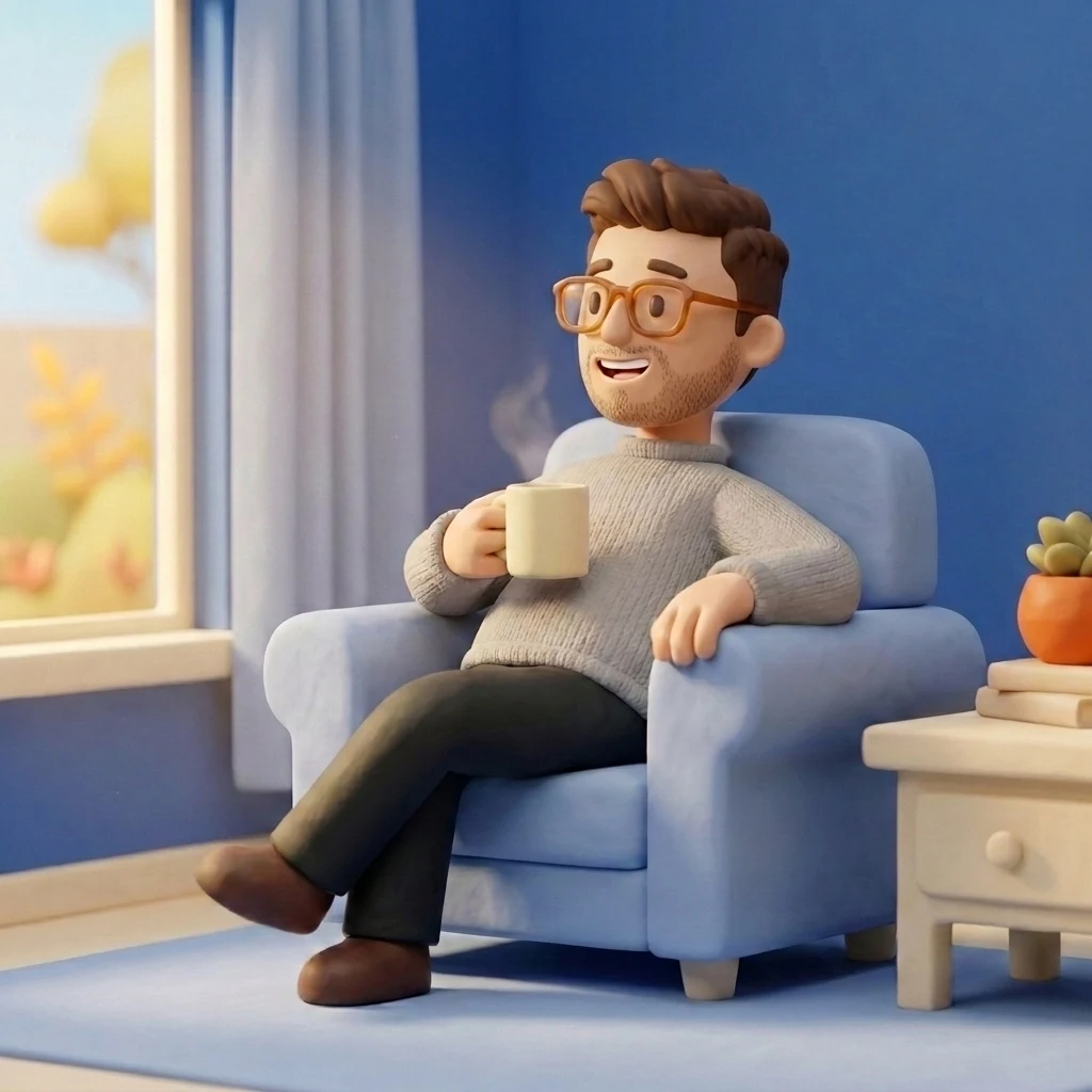Jamie Kyte, Chartered Financial Planner and founder of When Can I Retire?, drawn in clay relaxing in an armchair with a cup of tea