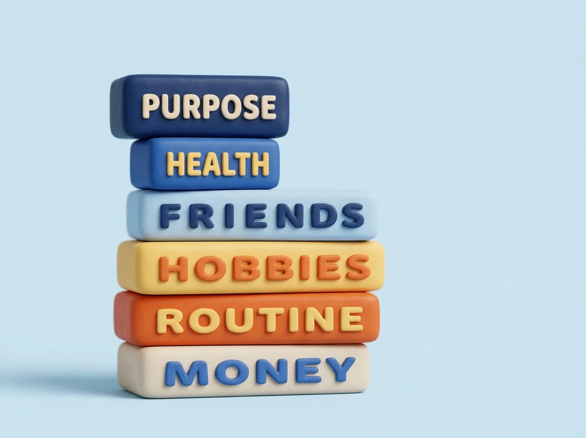 Infographic showing the building blocks of a positive transition to retirement including choosing your purpose, mental health, social connections, hobbies, daily structure and finances.