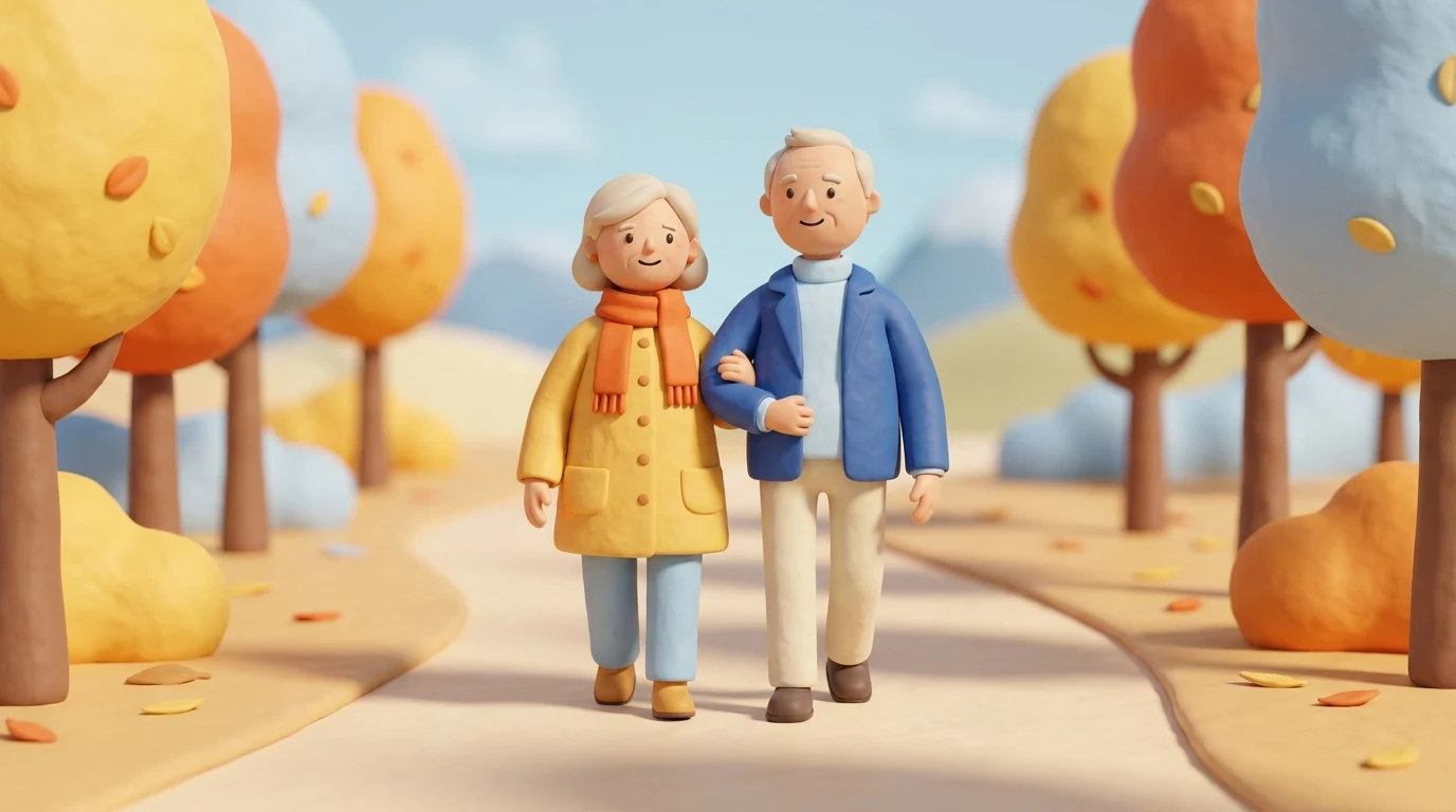 Illustration of a retired couple walking arm in arm along a sunny autumn park path