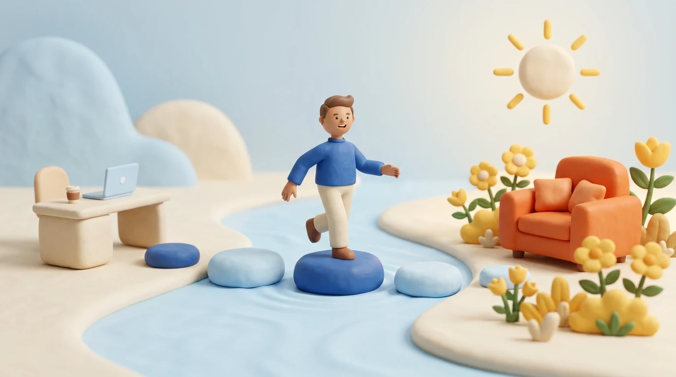 Illustration of a man stepping across stones from an office desk towards an armchair and garden, representing the move into retirement