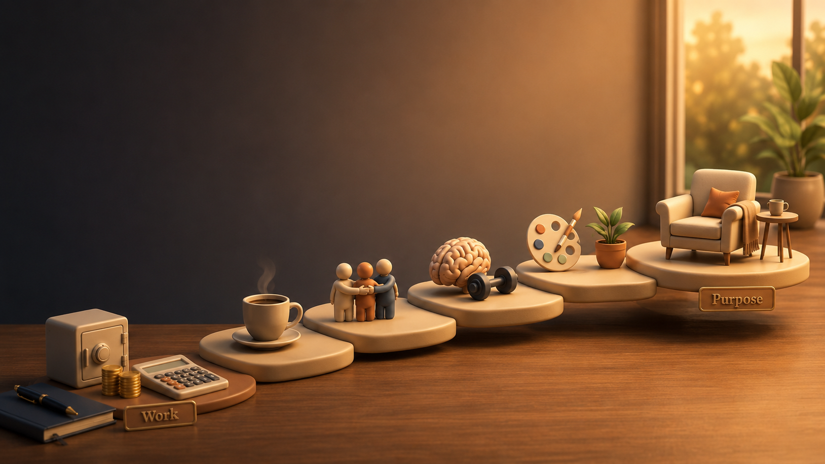 Stepping stones from work to purpose showing financial planning, coffee with friends, brain health, exercise, hobbies and a relaxed armchair representing a smooth transition to retirement.