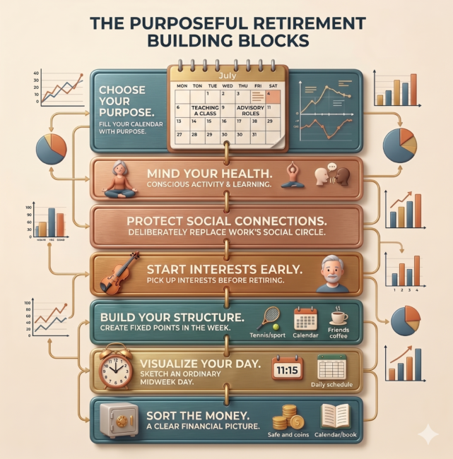 Infographic showing the building blocks of a positive transition to retirement including choosing your purpose, mental health, social connections, hobbies, daily structure and finances.
