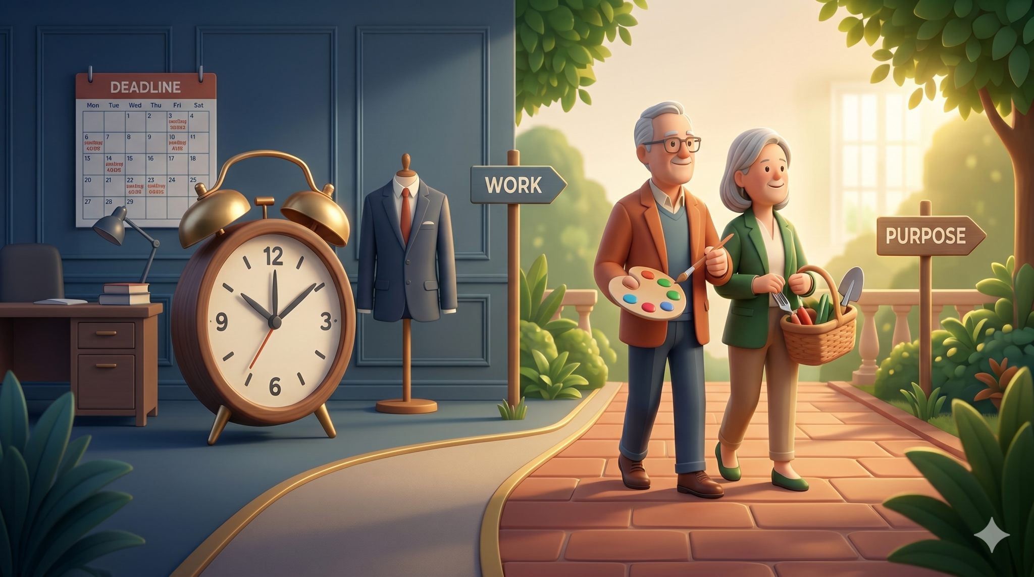 Older couple walking together along a path from work towards purpose representing a positive transition to retirement.